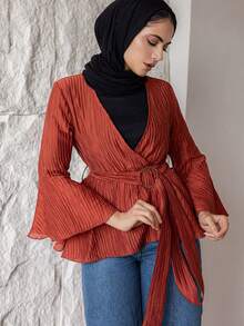 DAZY 女式纹理面料腰带V领优雅喇叭袖衬衫夏季，荷叶边 - 酒紅色 - 查看 4