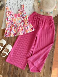 Emery Rose Kids Emery Rose Kids 2pcs Young Girl Ditsy Floral Camisole Top And Long Pants Set - Burgundy - View 10