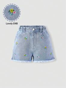 Genkimix Kids 女童浅色水洗牛仔短裤，饰有色彩缤纷的花卉刺绣，毛边裤脚，松紧腰带配纽扣，适合夏季日常、户外和假日等休闲、甜美和休闲场合穿着。 - 淺色水洗藍 - 查看 3