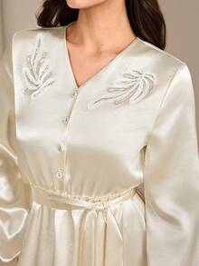 Modelyn Elegant V-Neck Apricot Long Dress, High-Quality Slimming Design Modest Long Dress Silky Dress Satin Long Dress French Style Dress Modest Dress - Apricot - View 6