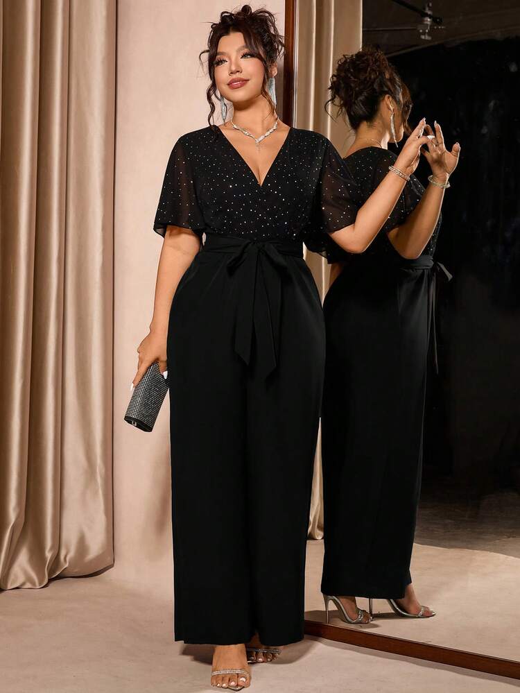 Cravure Women's Plus Size Short-Sleeve Bubble Sleeve V-Neck Lace-Embellished Glittering Net Fabric Blended Chiffon Belt-Tie Overall Pants For Valentine's Day, Parties, Mother's Day, Christmas, Spring And Autumn Plus Size Party Outfit Sequin Jumpsuit Plus Size Formal Attire Plus Size Pant Suit Plus Size Jumpsuits Elegant - Black - View 5