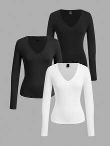 SHEIN EZwear 3 buc Tricouri versatile casual pentru femei, mărime plus, culoare solidă, cu decolteu în V, mânecă lungă - Alb-negru - Vizualizare 1