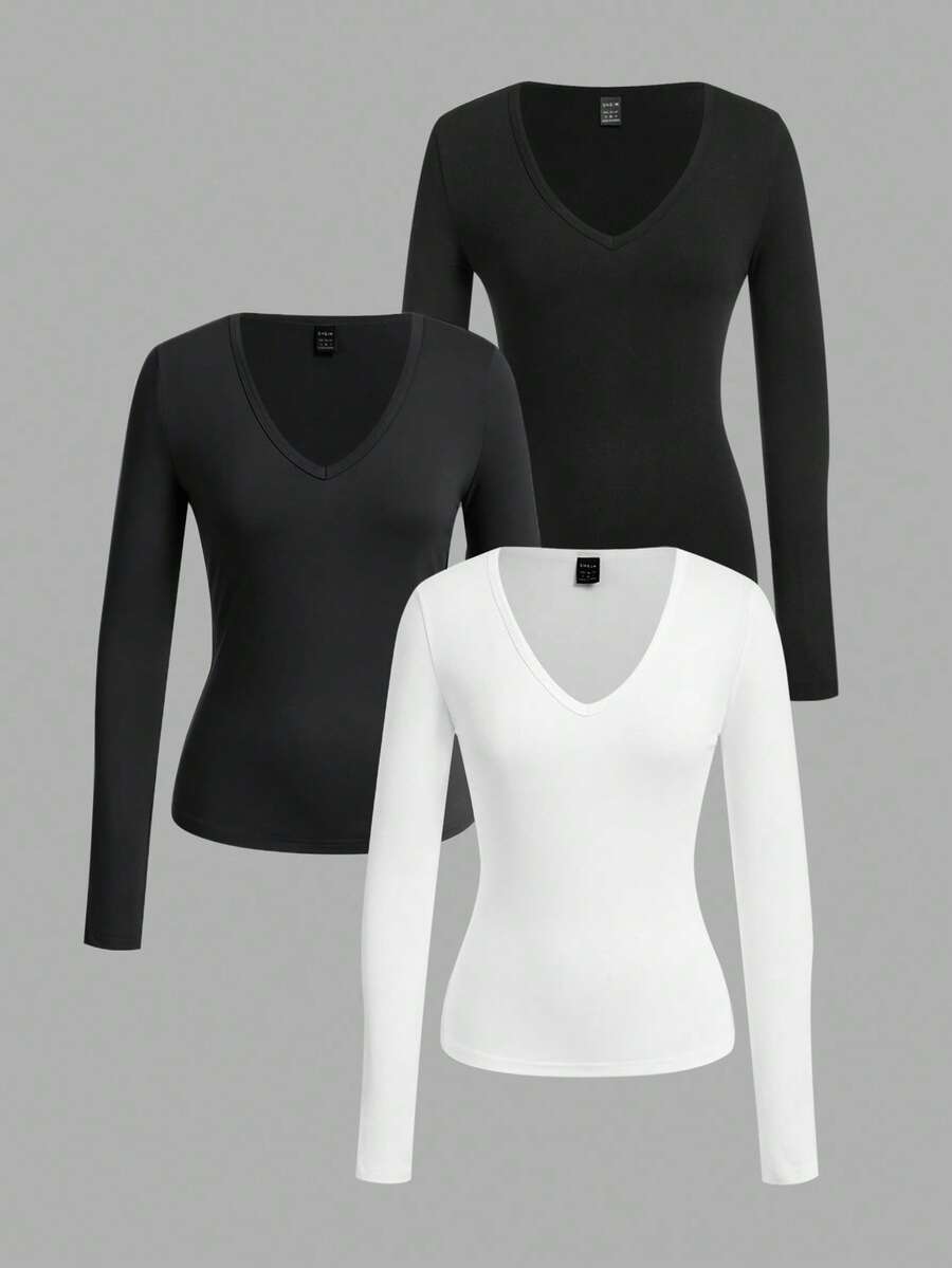 SHEIN EZwear 3 buc Tricouri versatile casual pentru femei, mărime plus, culoare solidă, cu decolteu în V, mânecă lungă - Alb-negru - Vizualizare 1
