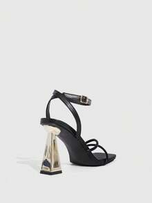 CUCCOO SZL Women's Square Toe Metal Asymmetric High Heel Black Thin Strap Ankle Strap Fashion Sexy Party Nightclub Ladies High Heel Open Toe Strap Sandals Valentine's Day - Black - View 8