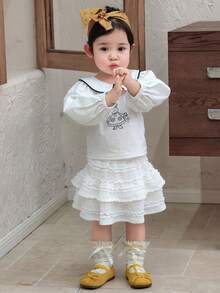 DAZY Toddler Girls' Peter Pan Collar Cartoon Embroidery Korean Style Long Sleeve Top - White - View 9