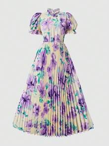 SHEIN 少女碎花荷叶边飘逸连衣裙，褶皱领口和泡泡袖设计，适合春夏休闲、度假和日常穿着。 - 紫色 - 查看 8
