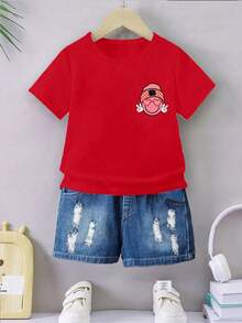 男童休闲时尚舒适简约百搭创意趣味情人节棋盘格及人脸字母印花短袖T恤，适合春夏郊游、运动、派对等场合。 - 紅色 - 查看 3