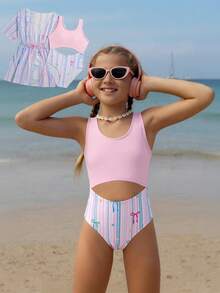 SHEIN 1pc Tween Girls Cute Printed Patchwork One-Piece Swimsuit With Cover-Up - Multicolor - View 5