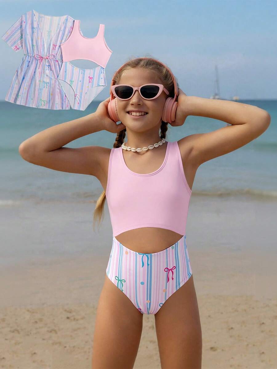 SHEIN 1pc Tween Girls Cute Printed Patchwork One-Piece Swimsuit With Cover-Up - Multicolor - View 1