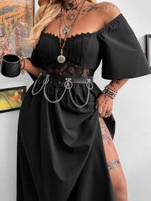 Whyspr New Spring/Summer Western Fashion Gothic Dark Style Patchwork Lace Fabric Dress, Ruffle Trim Tie-Up Design Lantern Sleeve Off-The-Shoulder Dress With Side Slit