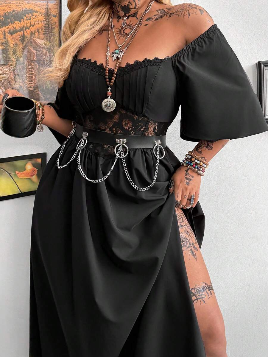 Whyspr New Spring/Summer Western Fashion Gothic Dark Style Patchwork Lace Fabric Dress, Ruffle Trim Tie-Up Design Lantern Sleeve Off-The-Shoulder Dress With Side Slit