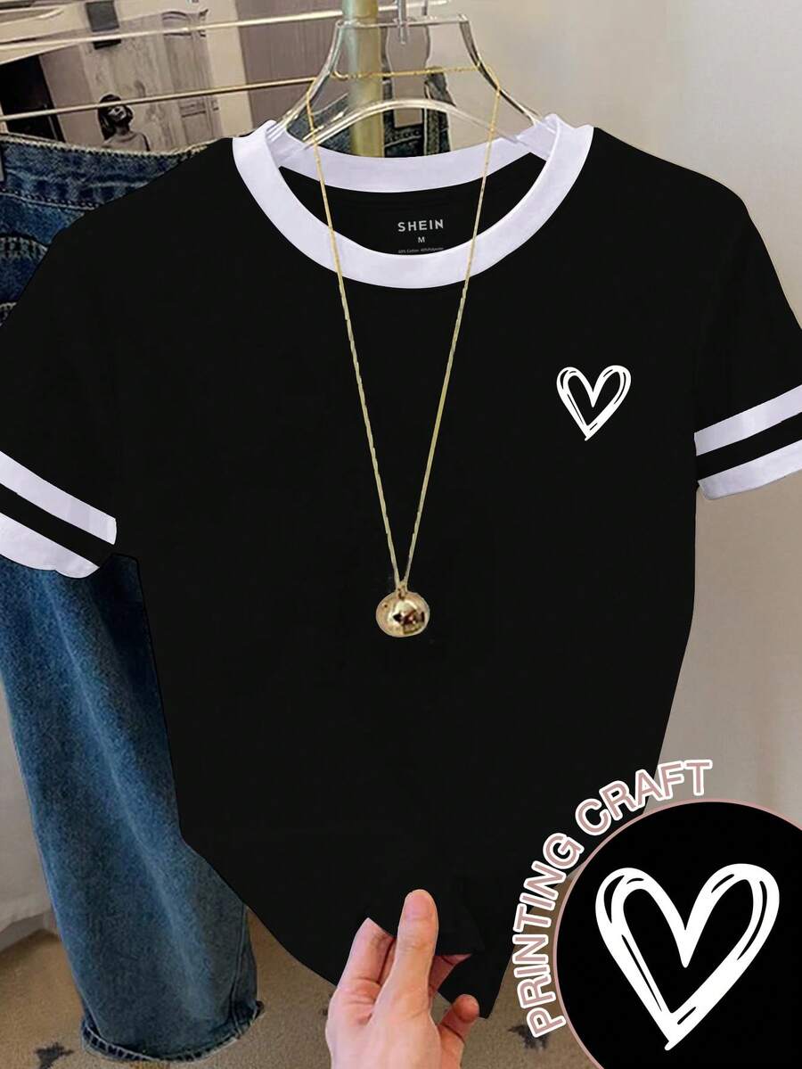 Resyla Camiseta de manga corta con cuello redondo, estampado de corazón y ribete de contraste, para talla grande y uso casual en verano - Blanco - Ver 1