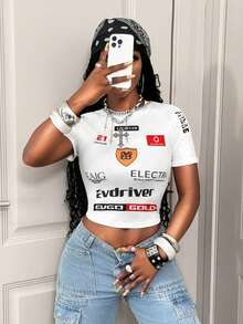 BamGleam Women's Round Neck Letter & Number Print Casual Versatile Daily Wear Short Sleeve T-Shirt - White - View 6