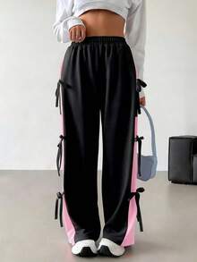 SHEIN EZwear 加大码黑色蝴蝶结松紧腰撞色直筒休闲运动裤，秋冬季 - 黑色 - 查看 6