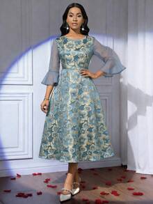 SHEIN Lady 女士圆领提花网纱拼接优雅收腰中长派对连衣裙 - 藍色 - 查看 6