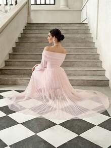 Elenzga 长袖网纱拼接珍珠水钻装饰优雅A字连衣裙，可爱收腰浪漫精致女士连衣裙，适合派对、婚礼宾客、音乐节、生日等场合 - 粉色 - 查看 2