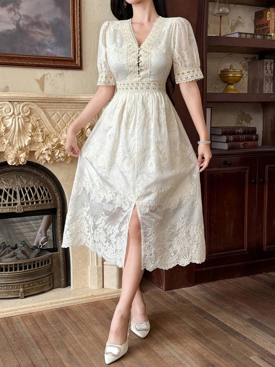 Elegant Embroidered V-Neck Lace Trim Cinched Waist Long Dress Sundress