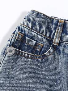 SHEIN Young Girls 2026 Spring Summer New Dark Blue Washed Retro Asymmetric Patchwork Denim Short Skort, Fashion Distressed Frayed Ripped Mini Jean Skirt - Dark Wash - View 3