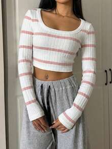 SHEIN EZwear 女士优雅休闲黑白条纹方领修身长袖T恤 - 粉色 - 查看 6