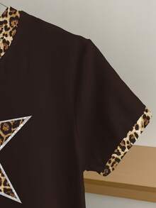 Resyla Women's Casual Daily Commute Fashion Street Leopard Print & Star Pattern Ringer Short Sleeve T-Shirt, Summer - Black - View 4