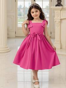 SHEIN 一件少女优雅绉纱连衣裙，配有可拆卸串珠蝴蝶结肩带和贴身腰带，适合休闲、派对和假日穿着。 - 玫紅色 - 查看 9