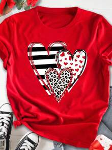 DrmWander 爱心印花休闲简约圆领短袖修身大码女式T恤，适合夏季、情人节礼物、户外穿着 - 紅色 - 查看 3