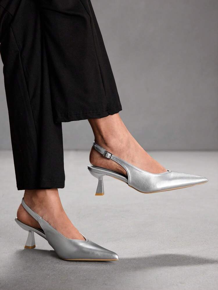 CUCCOO SZL Silver High Heel Shoes With Kitten Heel & Bow Decor