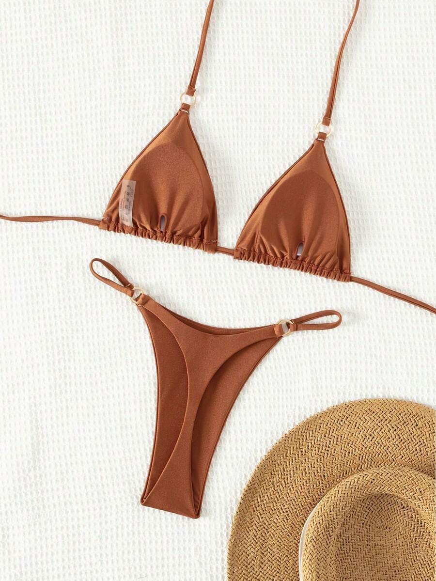 SHEIN Swim Summer Beach Ring Linked Triangle Bra & Swim Bottom Bikini Set Bathing Suit - Rust Brown - View 1