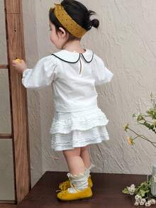 DAZY Toddler Girls' Peter Pan Collar Cartoon Embroidery Korean Style Long Sleeve Top - White - View 1