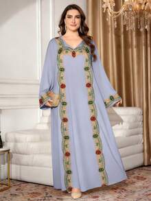 SHEIN Najma Đầm maxi dài tay cổ chữ V thanh lịch kiểu Ả Rập dành cho nữ cỡ lớn, họa tiết kim cương giả thêu, thích hợp cho mùa xuân/hè. - Nhiều màu - Xem 6