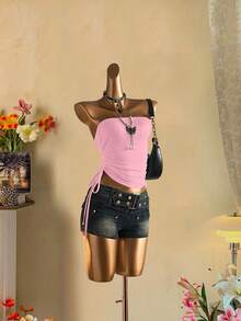 Attitoon Áo croptop nữ kiểu dáng thường ngày, có dây rút phía trước. - Màu Hồng baby - Xem 2