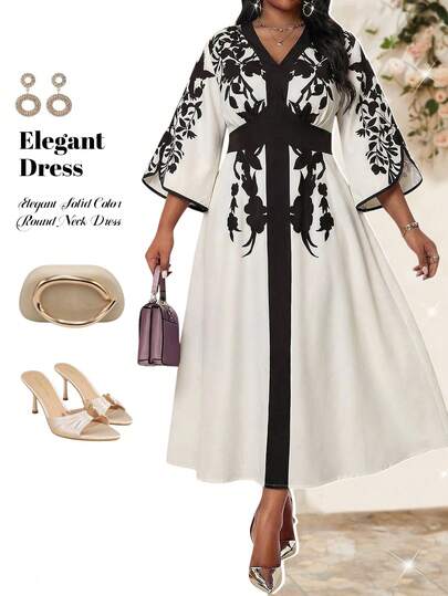 Fleurora Plus Size Floral Print V-Neck Elegant 3/4 Sleeve Dress