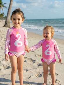 Baby Girl 2pcs Swimsuit Set, Printed Top And Printed Bottoms, Exposed Seam, Separate Pieces - Multicolor - View 3