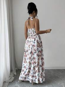 Elenzga Đầm nữ thời trang mới mùa xuân/hè, màu trắng chủ đạo, họa tiết hoa ba màu, cổ yếm, eo nhún, dáng chữ A, dài đến mắt cá chân, phù hợp cho mặc hàng ngày, đám cưới, dạ hội, đi làm, tiệc tốt nghiệp, ngày lễ, kỳ nghỉ, hẹn hò, tiệc tùng, Halloween, Giáng sinh, Năm mới, Lễ Tạ ơn, đám cưới. - Màu be - Xem 2