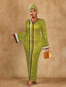 Brilight Đầm dài tay cổ chữ V dáng ôm, in họa tiết nhiệt đới thanh lịch dành cho nữ, thích hợp cho các buổi họp mặt và tiệc tùng, họa tiết Nam Phi, trang phục truyền thống Nam Phi, đầm mùa thu, đầm nữ, đầm dự tiệc thanh lịch. - Màu vàng - Xem 6