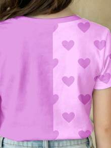 SHEIN Cartoon Girl, Dopamine Color Purple Heart Contrast Print, Baby Girl Casual Minimalist Short Sleeve Crew Neck Top, Suitable For Summer - Multicolor - View 5