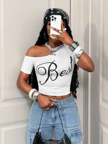 BamGleam Women's Summer Oblique Shoulder Short Sleeve Letter Print Ruched Fitted Cropped Casual Sports White T-Shirt - White - View 7
