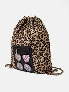 ROMWE Anime 1Pc Coffee Retro Leopard Print Pattern With Leopard Print Round Love Badge Pendant Design Large Capacity Multi-Pocket Drawstring Backpack, Casual Fashion Bag, Suitable For Vacation, Campus, Party, Fashionable Leopard Print Women's Bag - coffee color - View 5