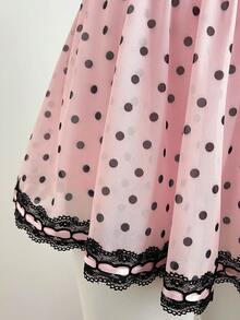 Elamini 女士粉色波点网纱印花撞色缎带蝴蝶结装饰衬里打底裤荷叶边迷你裙，甜美优雅，适合春夏、浪漫、约会、度假、海滩、休闲等场合，百搭实用 - 粉色 - 查看 5