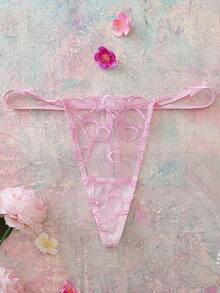 FloralLove 情人节爱心刺绣粉色蝴蝶结低腰浪漫花卉舒适度假浪漫礼物女士丁字裤 - 粉色 - 查看 1