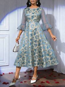 SHEIN Lady 女士圆领提花网纱拼接优雅收腰中长派对连衣裙 - 藍色 - 查看 7