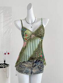 Sweetra Áo hai dây nữ kiểu dáng bất đối xứng, họa tiết hoa in kỹ thuật số, đính hạt cườm, dây đeo vai, thích hợp cho đi làm, du lịch, mặc hàng ngày, nghỉ mát, mùa xuân/hè/thu. - Nhiều màu - Xem 4
