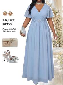 SHEIN Lady 大码女式V领荷叶边袖腰部贴花装饰优雅连衣裙 - 藍色 - 查看 4