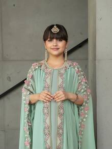 Tween Girl Loose Elegant Gold Lace Ribbon Decor Long Cardigan Dress Set - Multicolor - View 2