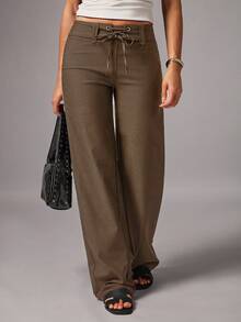 Avenya Casual Commuter Loose Solid Color Pants With Eyelet Lace-Up - Brown - View 3