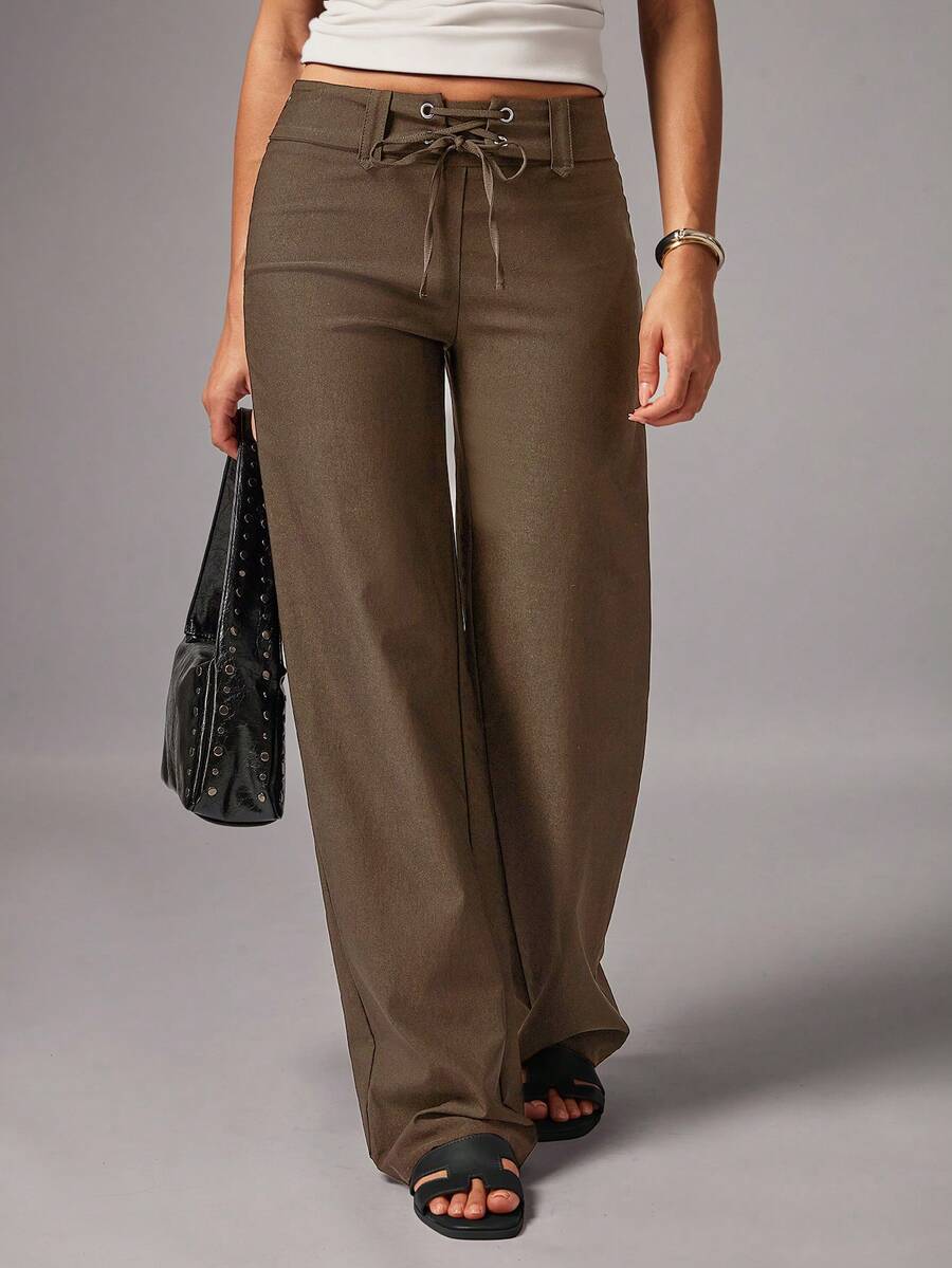 Avenya Pantalones sueltos de unicolor casual con cordones de ojal - Marrón - Ver 1