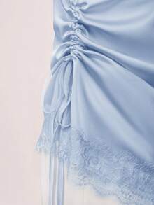 Side Drawstring Ruched Sheer Lace Patchwork Camisole Top - Blue - View 2