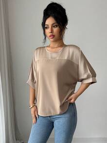 Elenzga Áo kiểu nữ mùa xuân/hè mới, chất liệu satin dệt họa tiết, cổ tròn, tay ngắn, vai rớt, dáng rộng, thoải mái, dễ mặc hàng ngày. - Màu Khaki - Xem 5