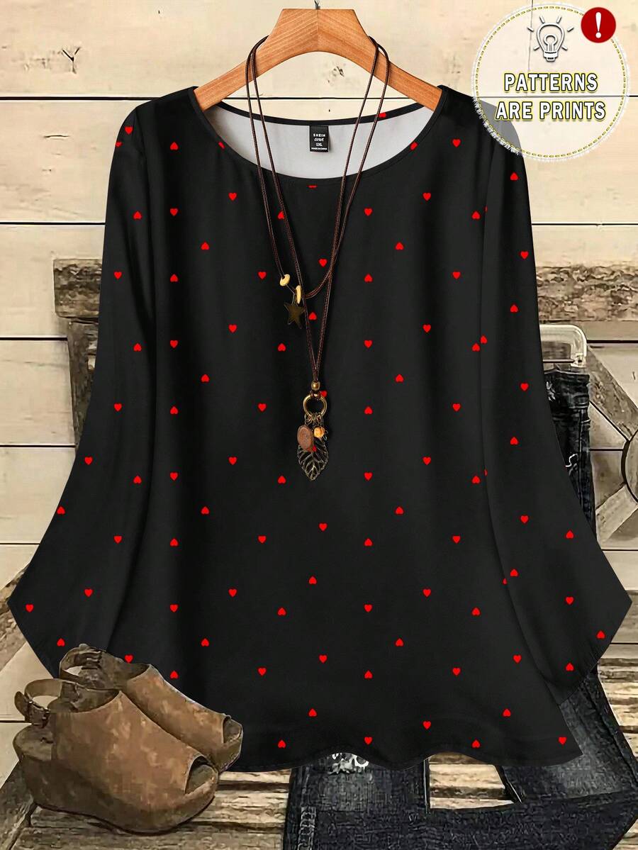 EMERY ROSE Chemise ample à col rond, imprimé tout-sur-tout, manches 3/4, pour femmes grandes tailles, automne/hiver - Noir - Voir 1