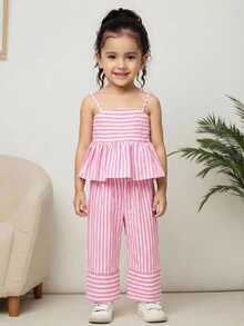 SHEIN Bộ đồ nữ sinh trẻ phong cách thường ngày, thích hợp cho kỳ nghỉ, đi học, đường phố: áo hai dây dáng chữ A phối họa tiết kẻ sọc và quần ống rộng phối họa tiết. - Hồng - Xem 7